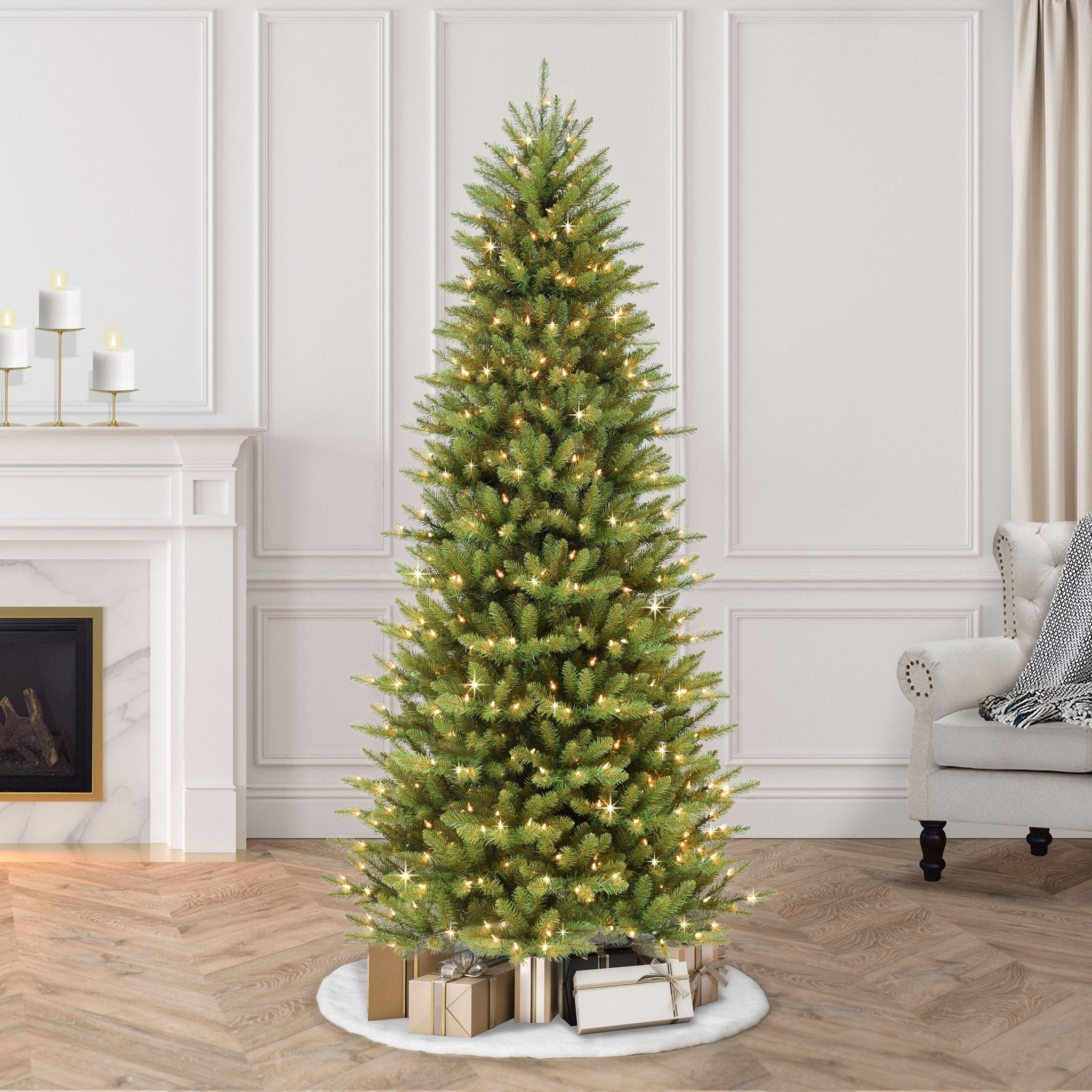 9 ft Pre-Lit Slim Fraser Fir Artificial Christmas Tree with 800 UL Clear Lights On/Off Foot Pedal Metal Stand