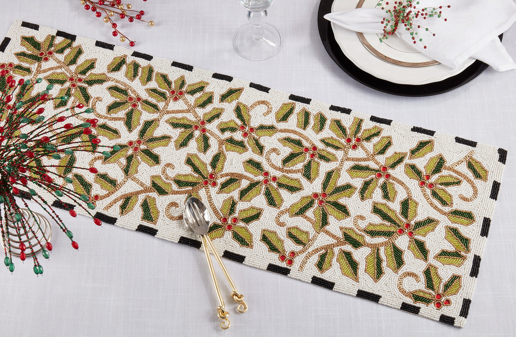 Festive Holly Leaves Beaded Table Runner