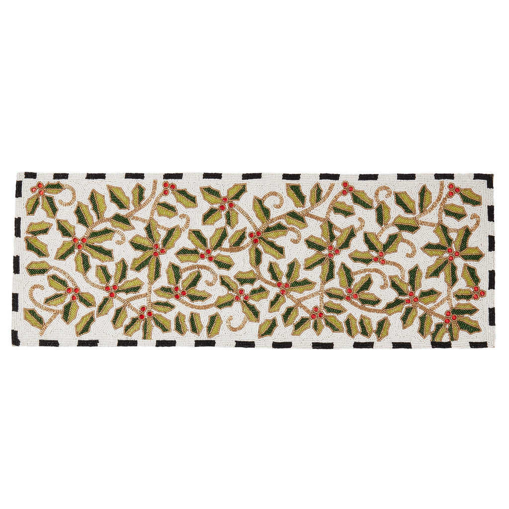Festive Holly Leaves Beaded Table Runner
