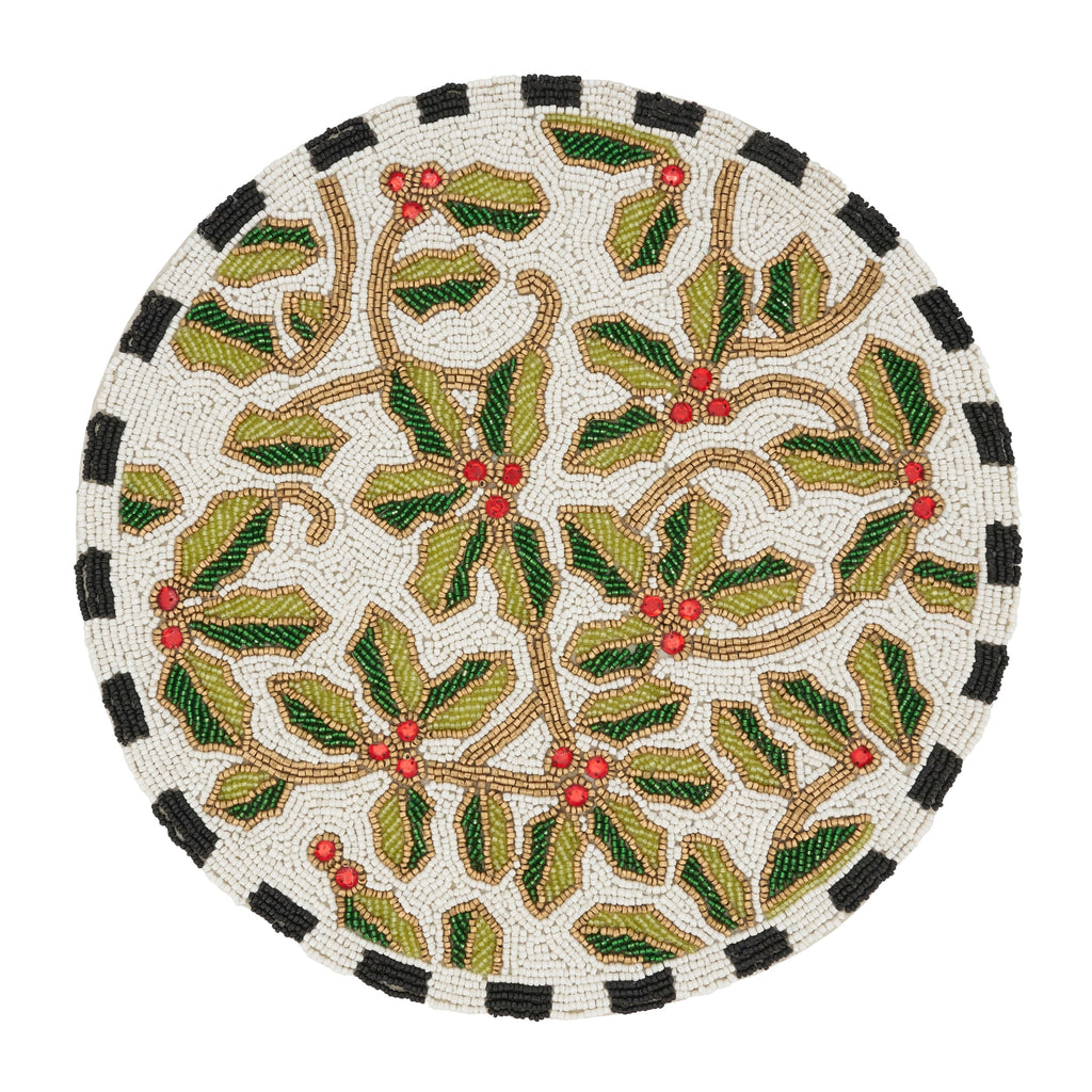 Festive Holly Leaves Beaded Placemat, Set of 4