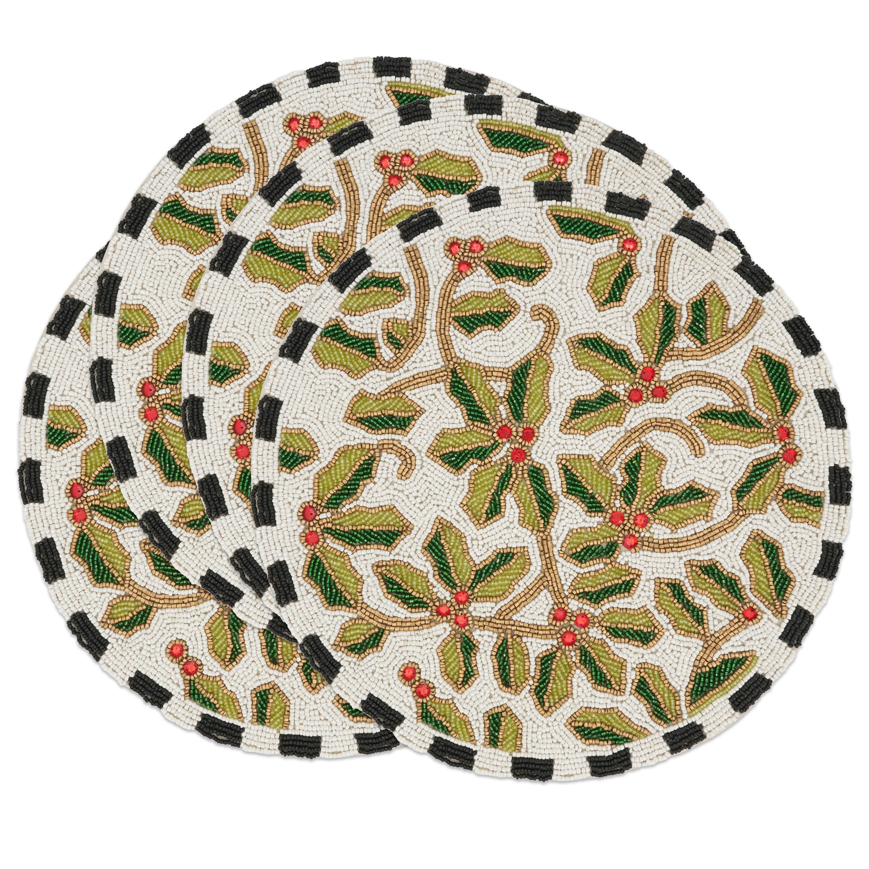 Festive Holly Leaves Beaded Placemat, Set of 4