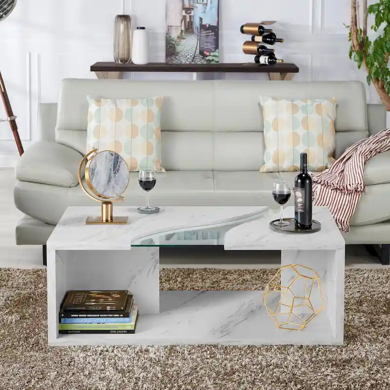Kobe Modern Faux Marble Veneer Coffee Table with Shelf by Furniture of America