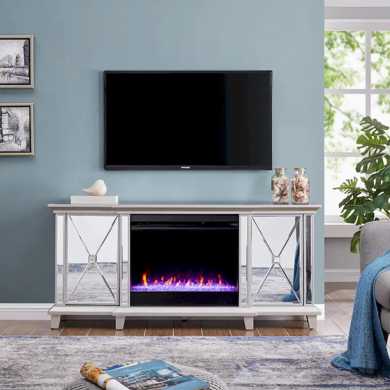 SEI Furniture Mirrored Media TV Stand with Color Changing Fireplace Insert for TV's up to 62
