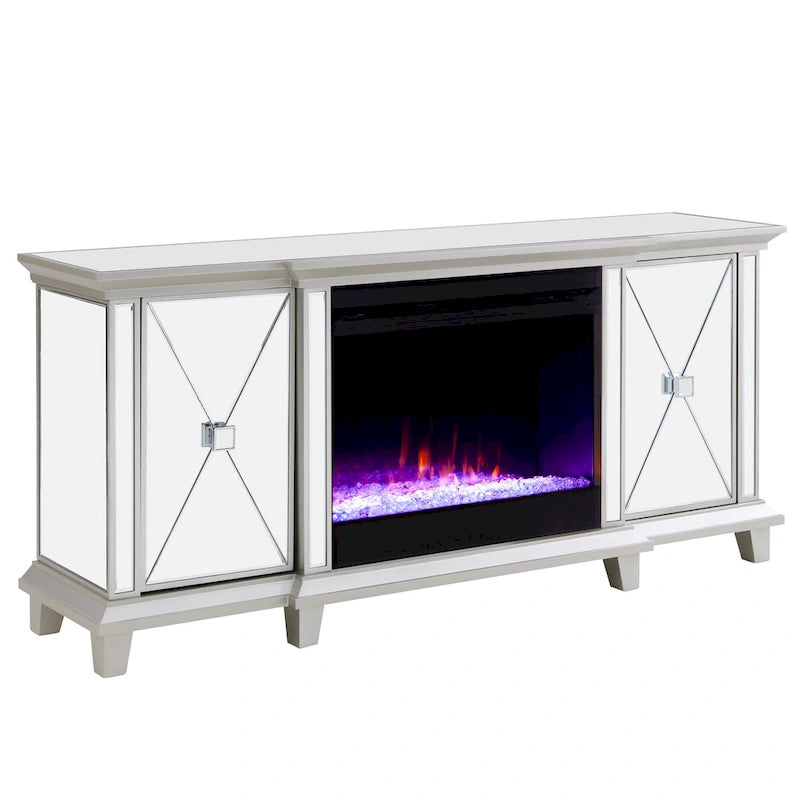SEI Furniture Mirrored Media TV Stand with Color Changing Fireplace Insert for TV's up to 62