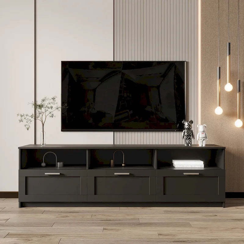 Black Modern Minimalist TV Stand Storage Cabinet 3 Drawers For 80 inch - 16.14 x 70.87 x 20.87