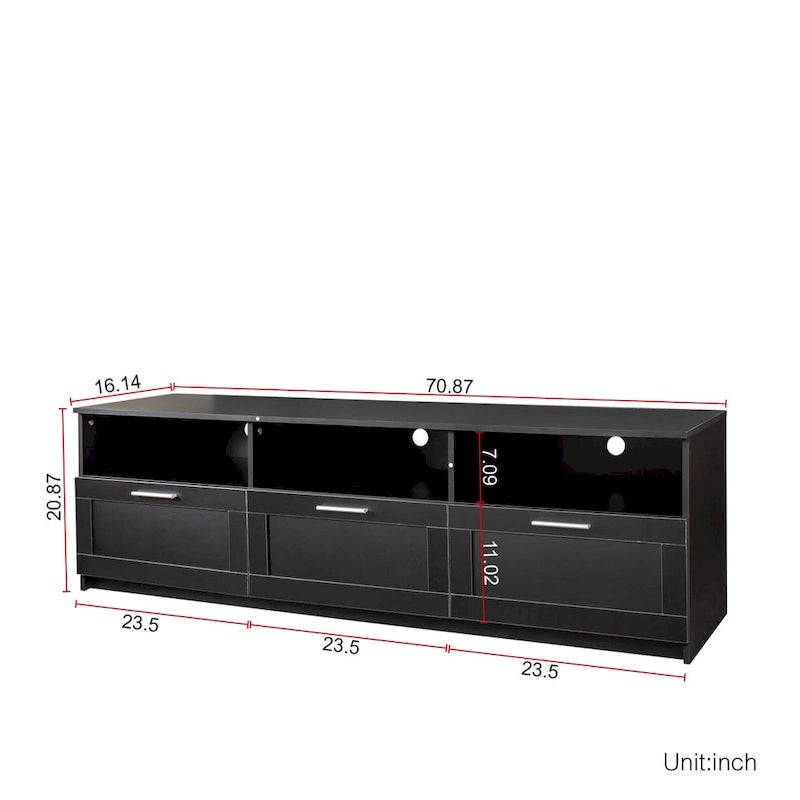 Black Modern Minimalist TV Stand Storage Cabinet 3 Drawers For 80 inch - 16.14 x 70.87 x 20.87