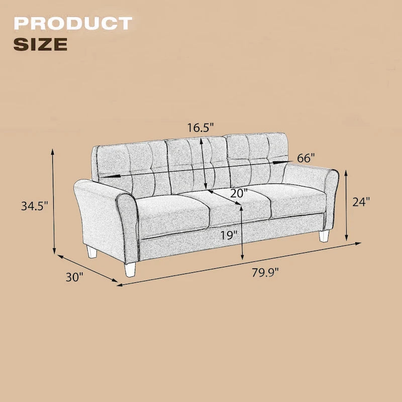 Grey Linen Upholstered Couch Sofa - 30.00 x 79.90 x 34.50