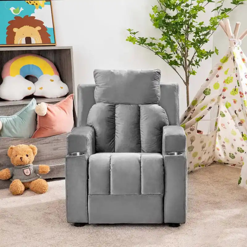 Deluxe Kids Recliner Chair with Footrest Headrest and 2 Cup Holders Microfiber Kids Recliner for Age 3+ Years