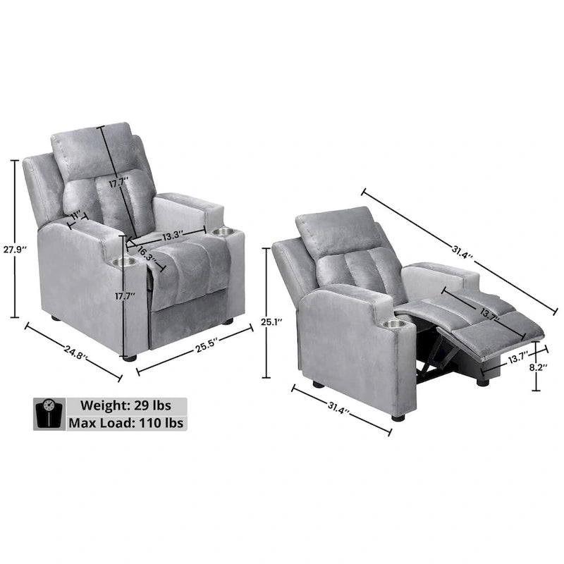 Deluxe Kids Recliner Chair with Footrest Headrest and 2 Cup Holders Microfiber Kids Recliner for Age 3+ Years