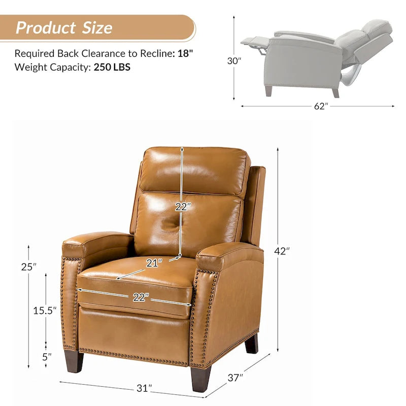 Gaspar Mid-Century Modern Genuine Leather Pushback Recliner with Wood legs Set of 2 by HULALA HOME