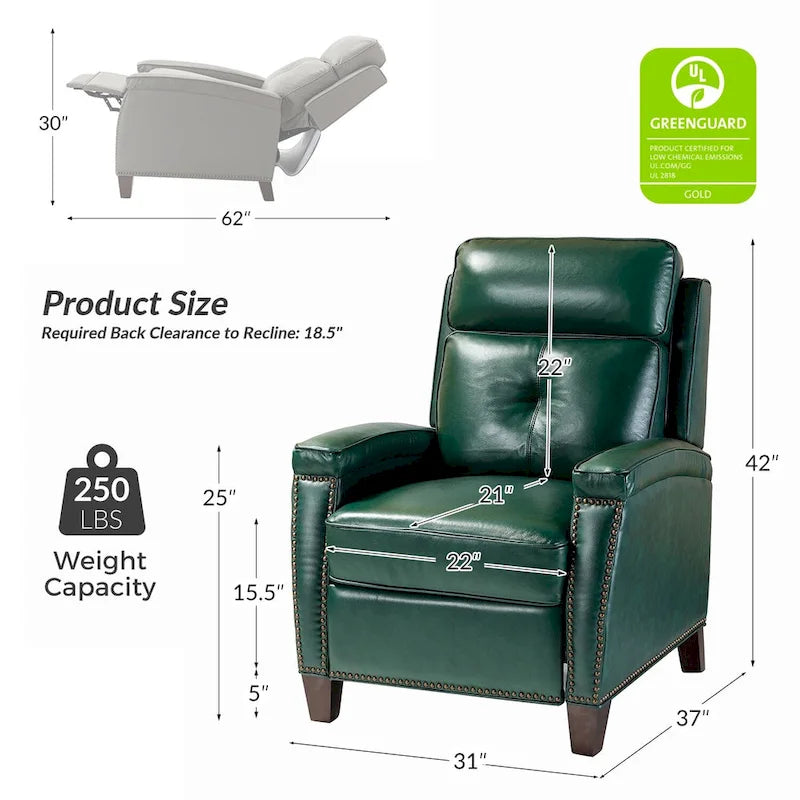 Gaspar Mid-Century Modern Genuine Leather Pushback Recliner with Wood legs Set of 2 by HULALA HOME