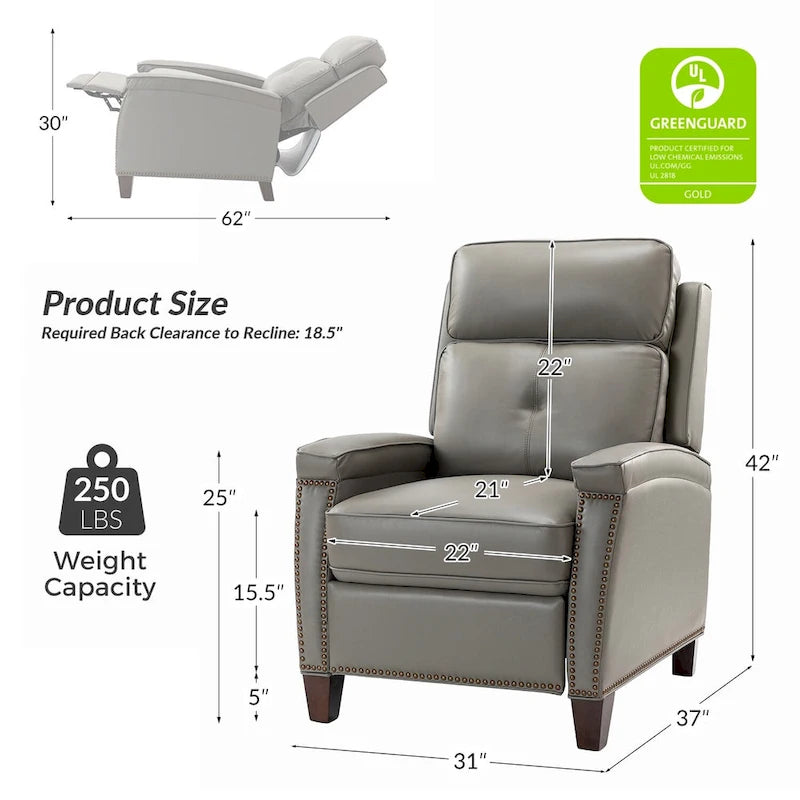 Gaspar Mid-Century Modern Genuine Leather Pushback Recliner with Wood legs Set of 2 by HULALA HOME