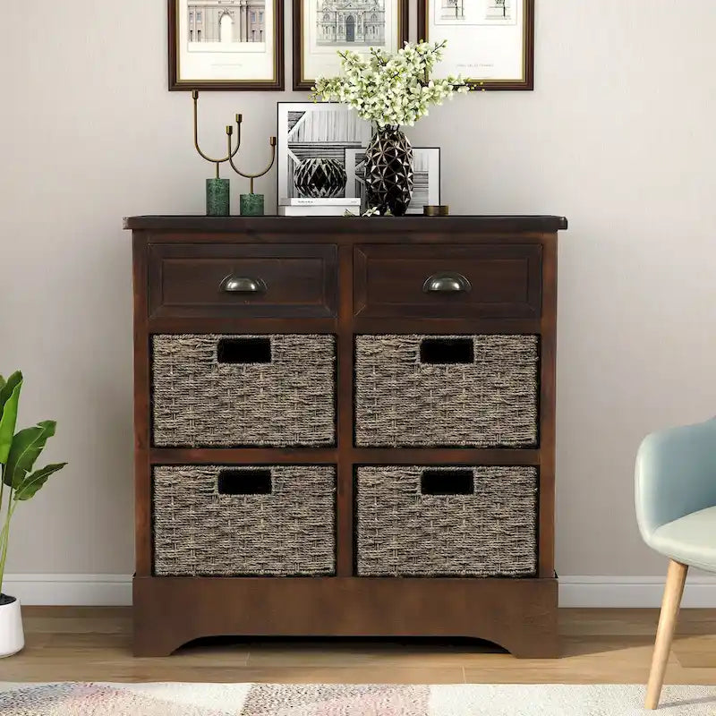Storage Cabinet with Two Drawers and Four Classic Rattan Basket