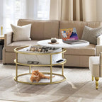 Round Lift Top Coffee Table White Marbling Top and Gold Frame