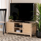 Elsbeth Mid-Century Modern Light Brown Finished Wood and Natural Rattan 2-Door TV Stand