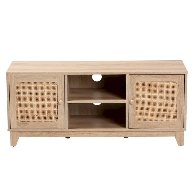 Elsbeth Mid-Century Modern Light Brown Finished Wood and Natural Rattan 2-Door TV Stand