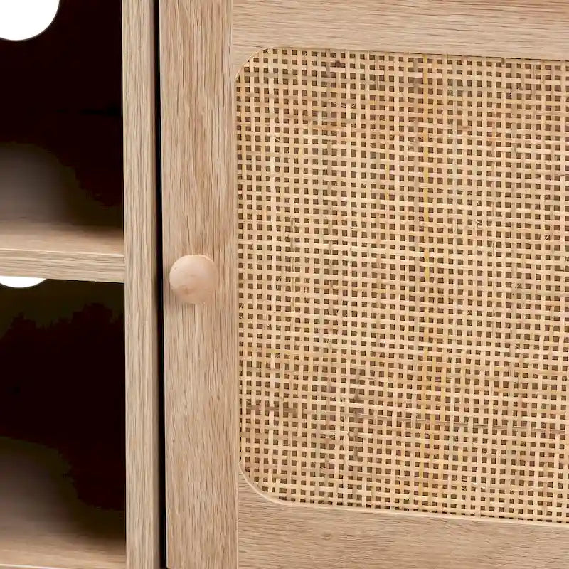 Elsbeth Mid-Century Modern Light Brown Finished Wood and Natural Rattan 2-Door TV Stand