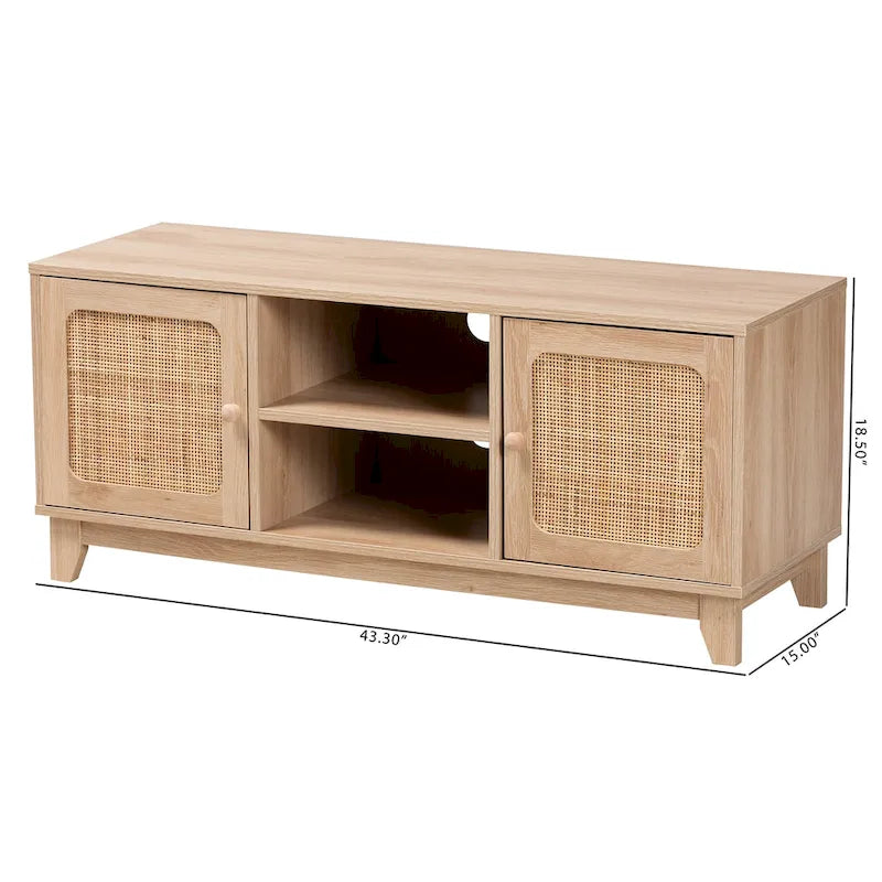 Elsbeth Mid-Century Modern Light Brown Finished Wood and Natural Rattan 2-Door TV Stand