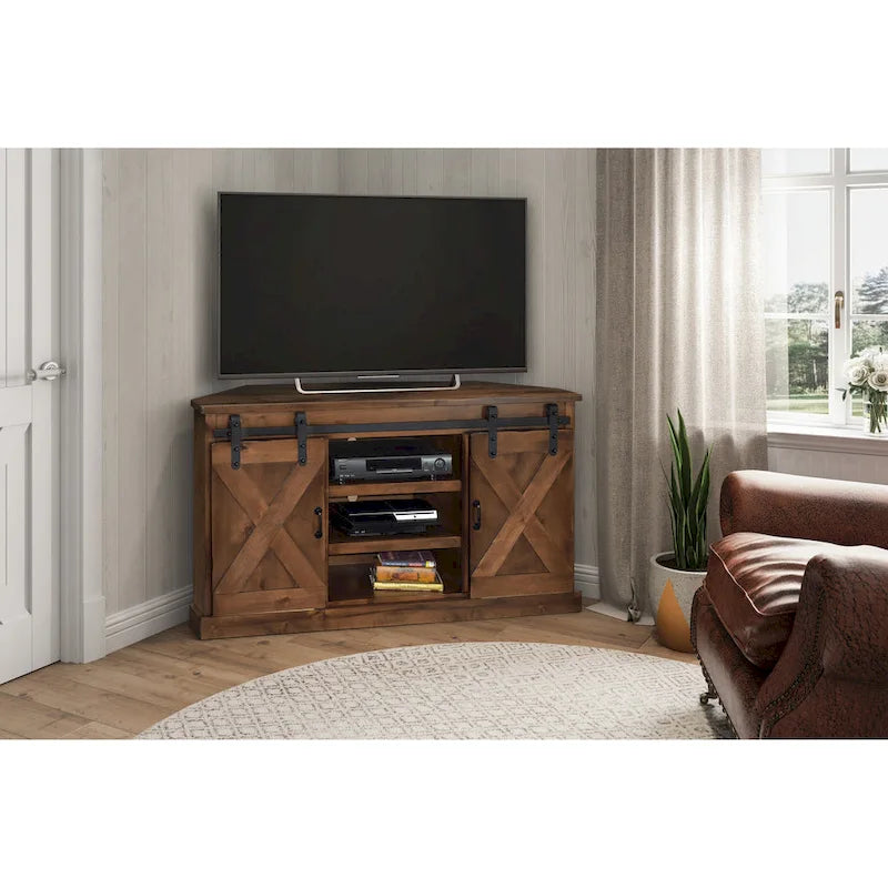 Bridgevine Home Farmhouse 56 inch Corner TV Stand for TVs up to 60 inches, No Assembly Required, Aged Whiskey Finish