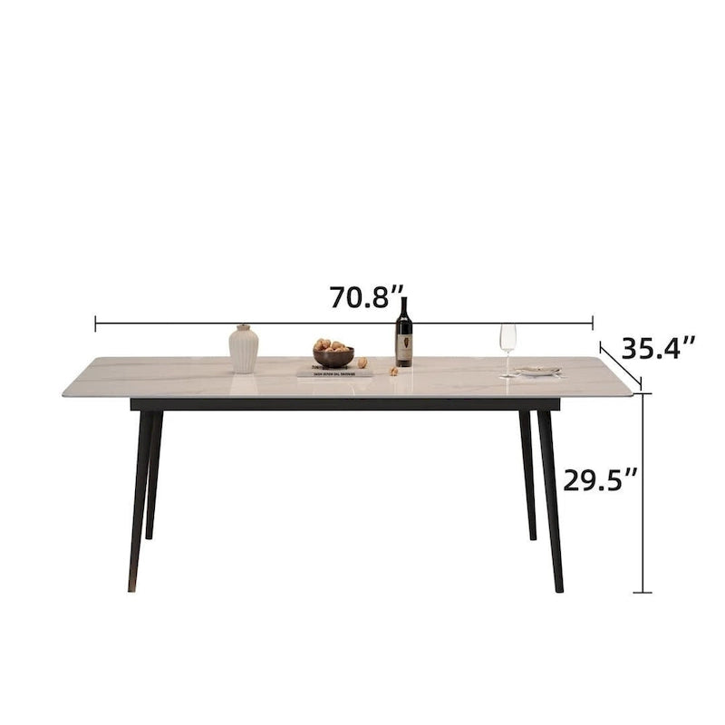70.8 inch rectangular white kitchen dining table, with a sintered stone marble tabletop, metal legs