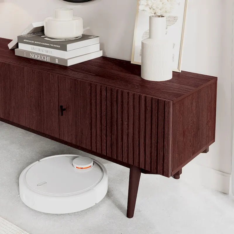 Living Skog Chelsea Brown TV Stand Fits for TV's up to 65 in. with Slatted Design and Wood Legs