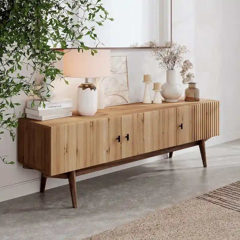 Living Skog Chelsea Brown TV Stand Fits for TV's up to 65 in. with Slatted Design and Wood Legs