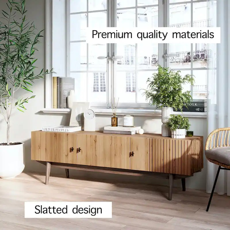 Living Skog Chelsea Brown TV Stand Fits for TV's up to 65 in. with Slatted Design and Wood Legs