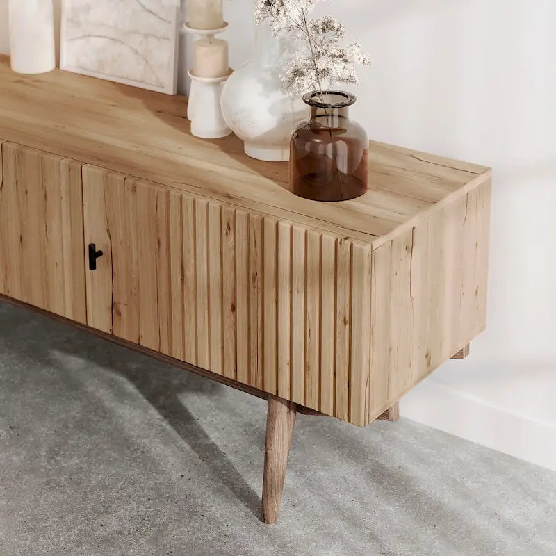 Living Skog Chelsea Brown TV Stand Fits for TV's up to 65 in. with Slatted Design and Wood Legs