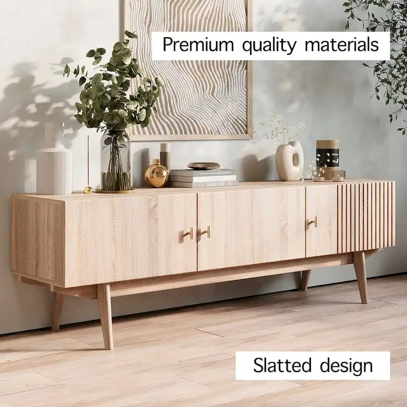 Living Skog Chelsea Brown TV Stand Fits for TV's up to 65 in. with Slatted Design and Wood Legs