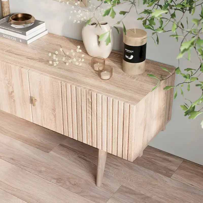 Living Skog Chelsea Brown TV Stand Fits for TV's up to 65 in. with Slatted Design and Wood Legs
