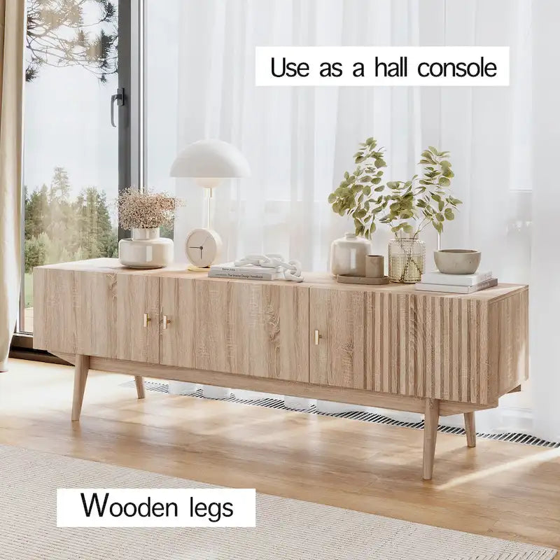 Living Skog Chelsea Brown TV Stand Fits for TV's up to 65 in. with Slatted Design and Wood Legs