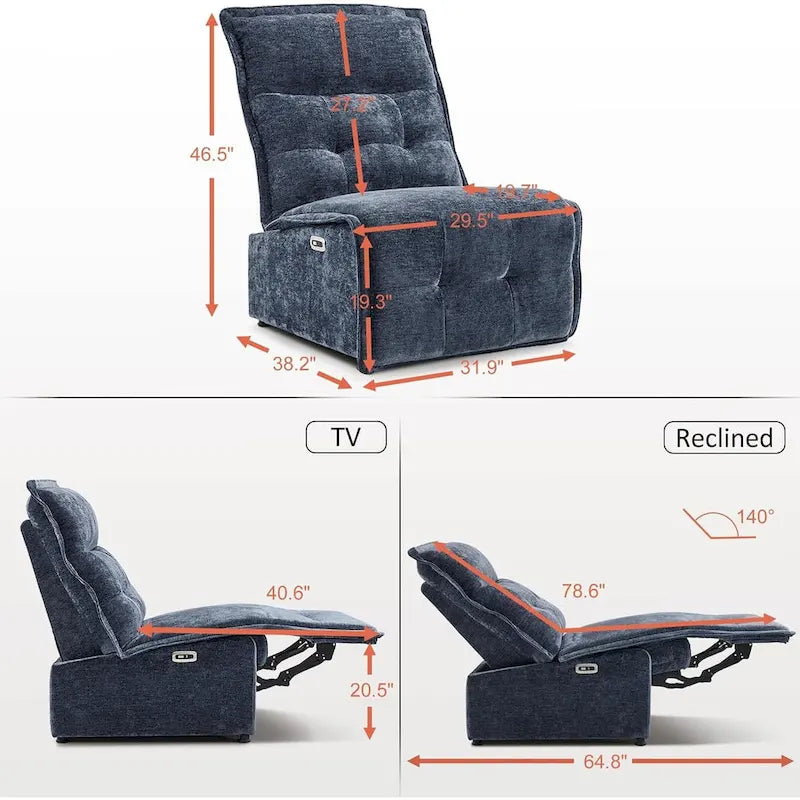 MCombo Armless Power Recliner Chair with USB Ports, 3.5 Wall Clearance Electric Reclining Sofa Chair for Living Room, ALR01