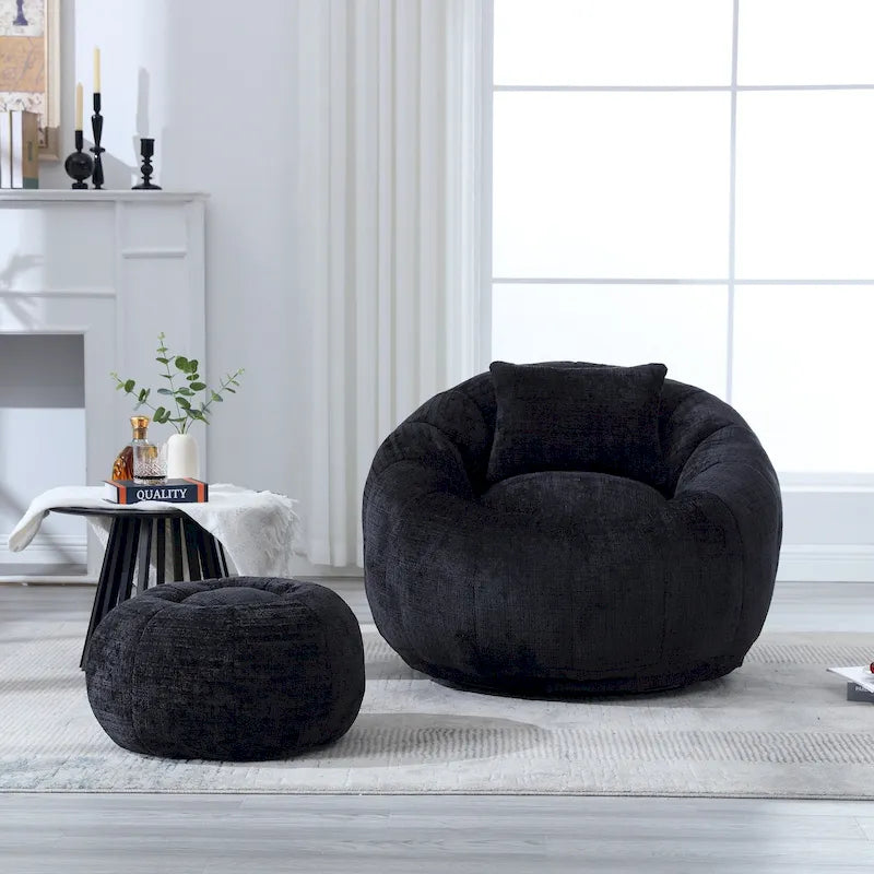 HOMEFUN Chenille Upholstered Round Lazy Cozy Bean Bag Chair with Ottoman and a Pillow