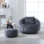 HOMEFUN Chenille Upholstered Round Lazy Cozy Bean Bag Chair with Ottoman and a Pillow