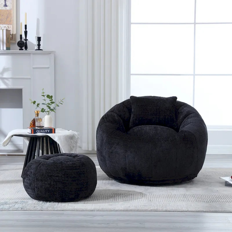 HOMEFUN Chenille Upholstered Round Lazy Cozy Bean Bag Chair with Ottoman and a Pillow