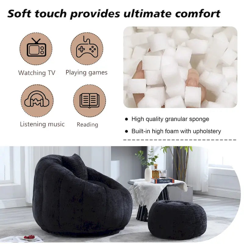 HOMEFUN Chenille Upholstered Round Lazy Cozy Bean Bag Chair with Ottoman and a Pillow