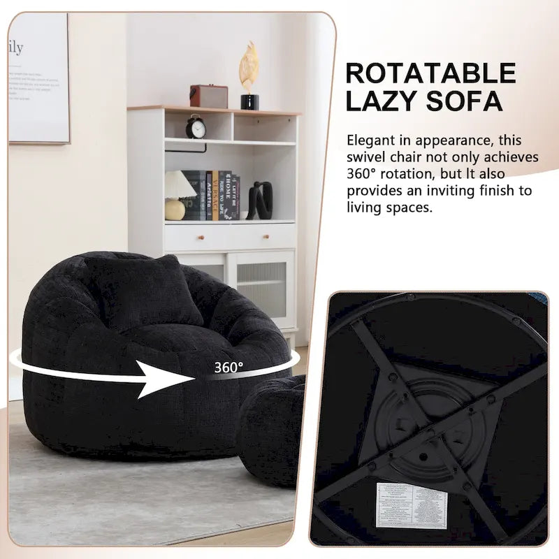 HOMEFUN Chenille Upholstered Round Lazy Cozy Bean Bag Chair with Ottoman and a Pillow