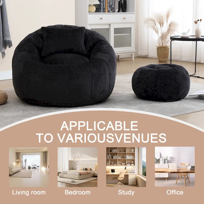 HOMEFUN Chenille Upholstered Round Lazy Cozy Bean Bag Chair with Ottoman and a Pillow