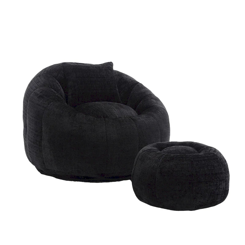 HOMEFUN Chenille Upholstered Round Lazy Cozy Bean Bag Chair with Ottoman and a Pillow