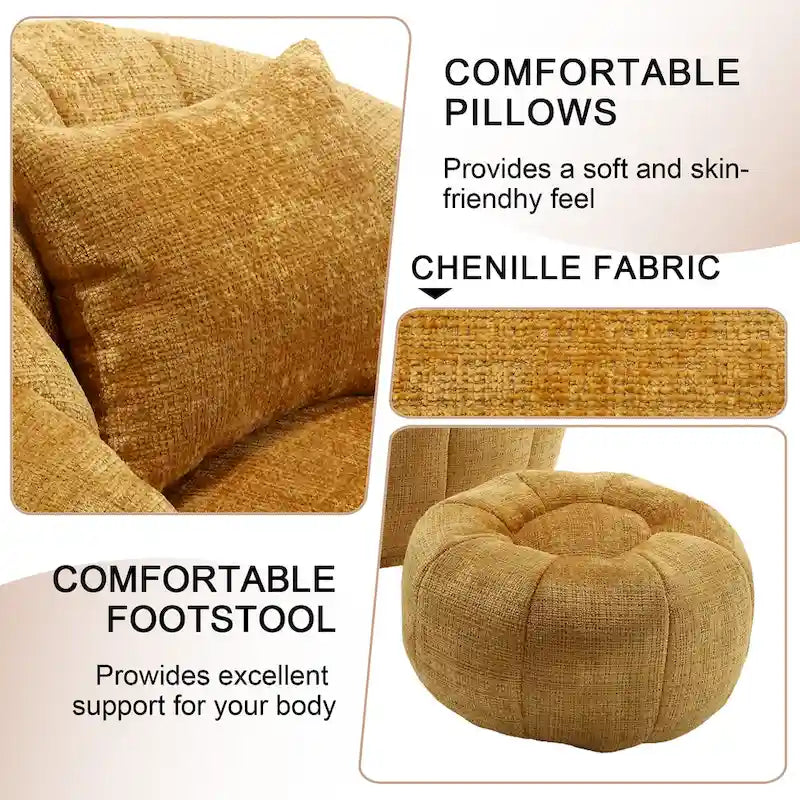 HOMEFUN Chenille Upholstered Round Lazy Cozy Bean Bag Chair with Ottoman and a Pillow