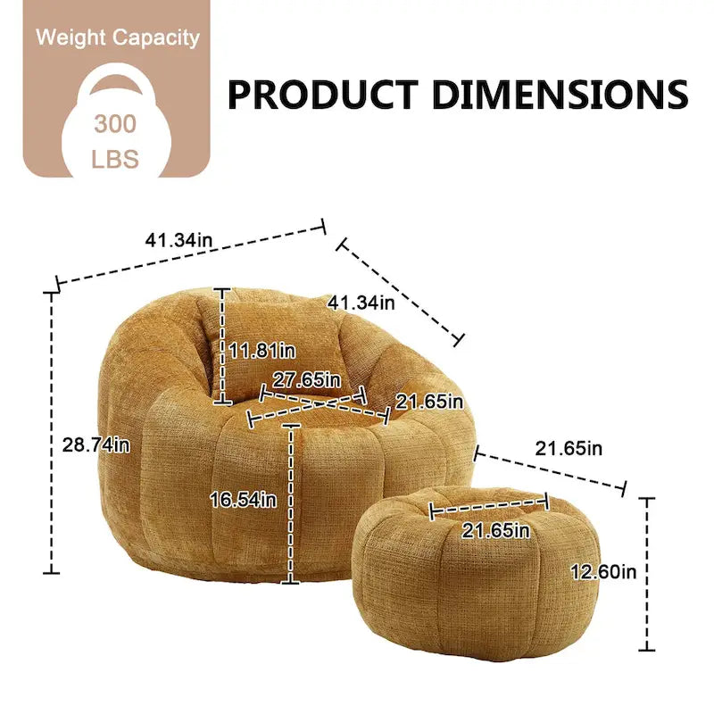 HOMEFUN Chenille Upholstered Round Lazy Cozy Bean Bag Chair with Ottoman and a Pillow