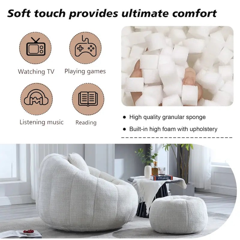 HOMEFUN Chenille Upholstered Round Lazy Cozy Bean Bag Chair with Ottoman and a Pillow