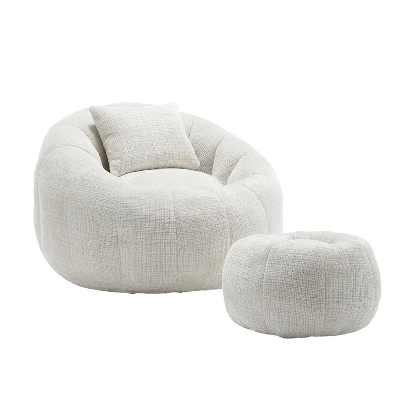 HOMEFUN Chenille Upholstered Round Lazy Cozy Bean Bag Chair with Ottoman and a Pillow