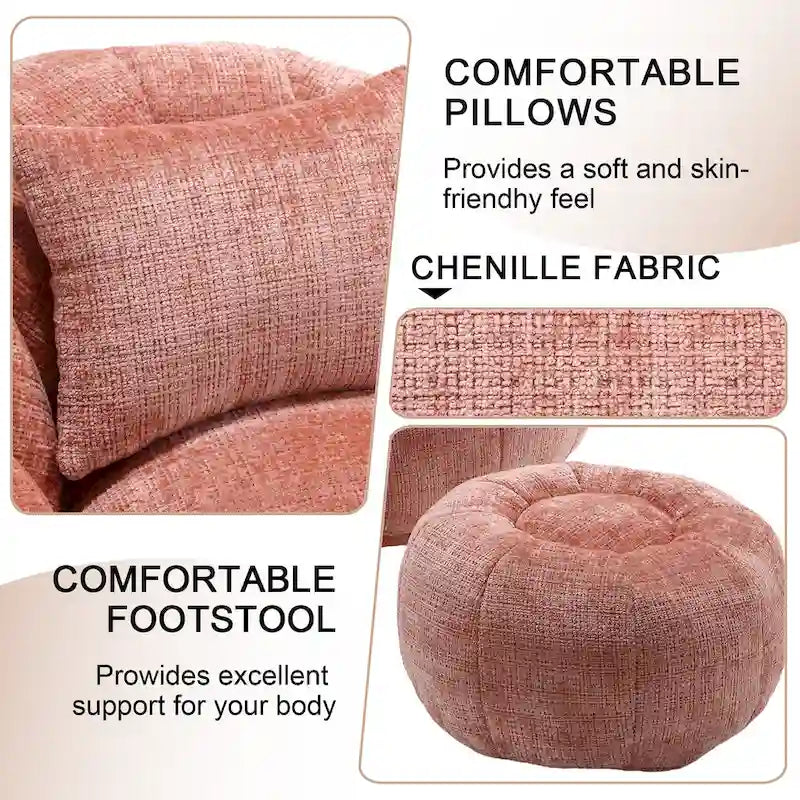 HOMEFUN Chenille Upholstered Round Lazy Cozy Bean Bag Chair with Ottoman and a Pillow