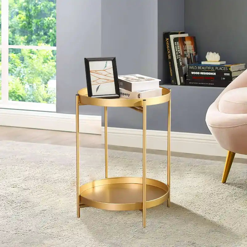 Adeco Side Table 2-Tier Metal Round End Table with Removable Tray - 17.5(D)x 17.5(W)x 20.7(H)