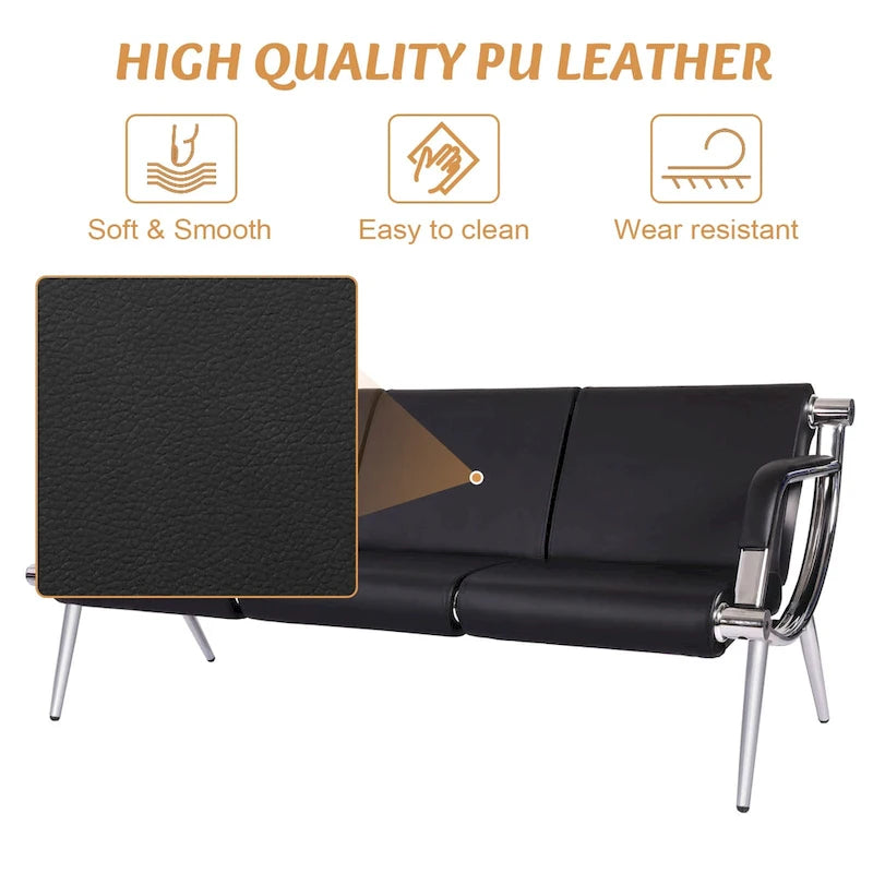 Kinbor 3-seat Waiting Room Chair, PU Leather Airport Reception Bench, Guest Chair for Bank Salon Office Hospital