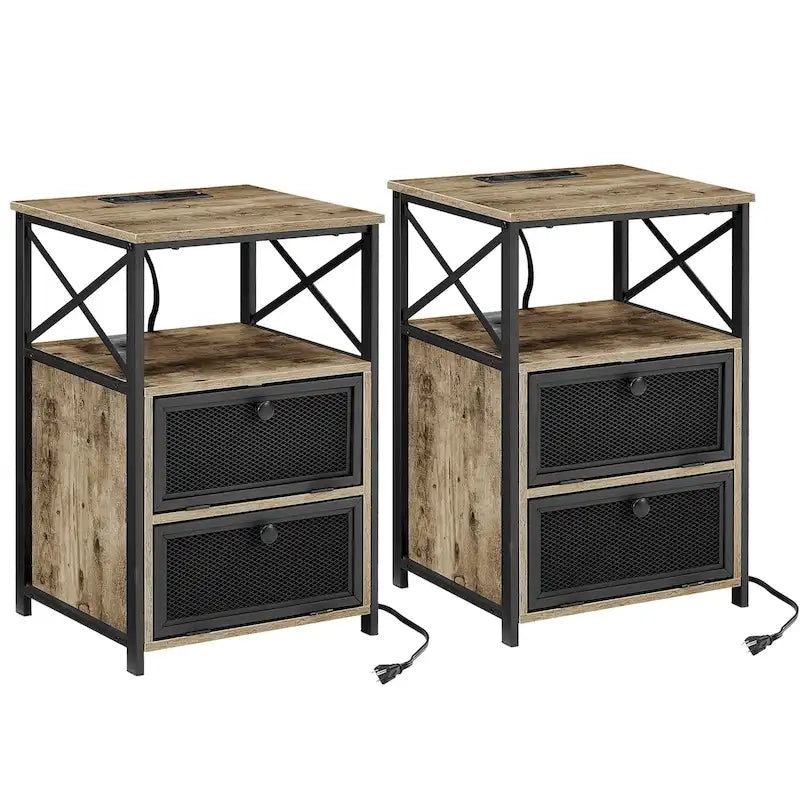 Set of 2 Nightstand End Table with Charging Station & 2 Flip Drawers, 2 USB Ports & 2 Power Outlet
