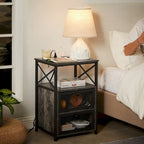 Set of 2 Nightstand End Table with Charging Station & 2 Flip Drawers, 2 USB Ports & 2 Power Outlet