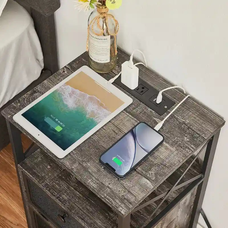 Set of 2 Nightstand End Table with Charging Station & 2 Flip Drawers, 2 USB Ports & 2 Power Outlet
