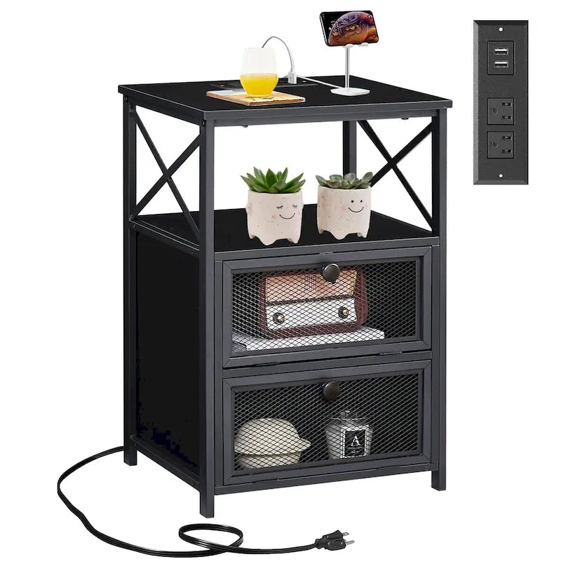 Set of 2 Nightstand End Table with Charging Station & 2 Flip Drawers, 2 USB Ports & 2 Power Outlet
